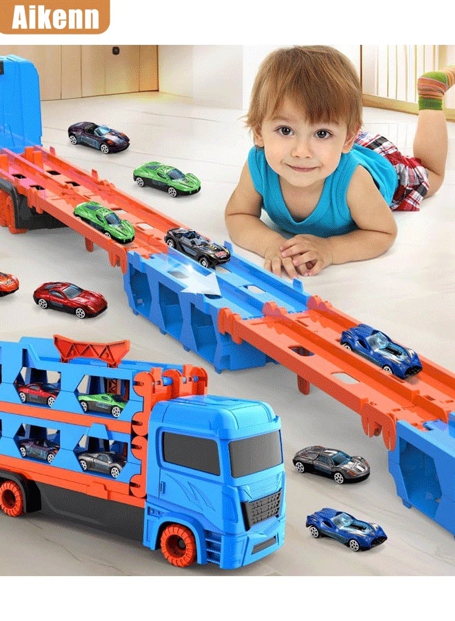 أيكين ألعاب شاحنة نقل للأطفال، مسار سباق مزدوج وسيارة طرد، شاحنة كبيرة قابلة للطي لتخزين السيارات المصنوعة من سبائك السباق وشاحنة نقل بالقصور الذاتي، 6 سيارات معدنية ومجموعة نقل تخزين قابلة للطي، لعبة سيارة للأطفال الصغار هدية للأولاد والبنات (أزرق) - Image 2
