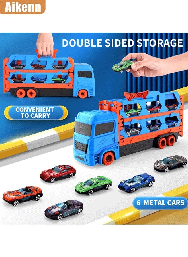 أيكين ألعاب شاحنة نقل للأطفال، مسار سباق مزدوج وسيارة طرد، شاحنة كبيرة قابلة للطي لتخزين السيارات المصنوعة من سبائك السباق وشاحنة نقل بالقصور الذاتي، 6 سيارات معدنية ومجموعة نقل تخزين قابلة للطي، لعبة سيارة للأطفال الصغار هدية للأولاد والبنات (أزرق) - Image 5
