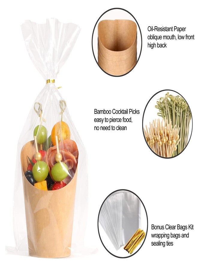 WixiTool Disposable Charcuterie Cups 120 PCS with 200PCS Sticks and 120PCS Bags, 14 oz Kraft Paper Snack Boxes Appetizers Cup French Fry Holder with Cocktail Skewers Toothpicks Tooth Picks, Brown - Image 2