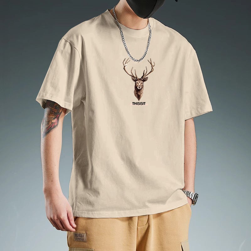 Ins Trendy Japanese-Style Hong Kong Retro High Street Heavyweight Pure Cotton Short-Sleeve T-Shirt For Men, Summer Loose Trendy Stylish American Style - Image 3