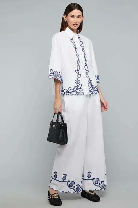 R&b Embroidered Wide Leg Pants with Drawstring Waist