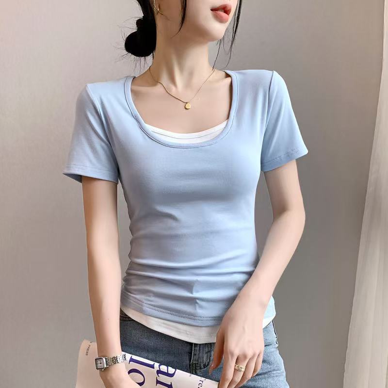 Gray Fake Two-Piece Short-Sleeved T-Shirt For Women 2025 U-Neck Pure Cotton T-Shirt Slim Contrasting Color Patchwork Waist Top - Image 4