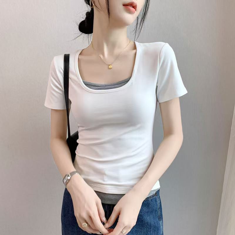 Gray Fake Two-Piece Short-Sleeved T-Shirt For Women 2025 U-Neck Pure Cotton T-Shirt Slim Contrasting Color Patchwork Waist Top - Image 3