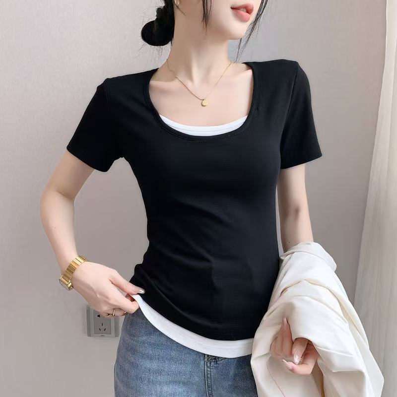 Gray Fake Two-Piece Short-Sleeved T-Shirt For Women 2025 U-Neck Pure Cotton T-Shirt Slim Contrasting Color Patchwork Waist Top - Image 5