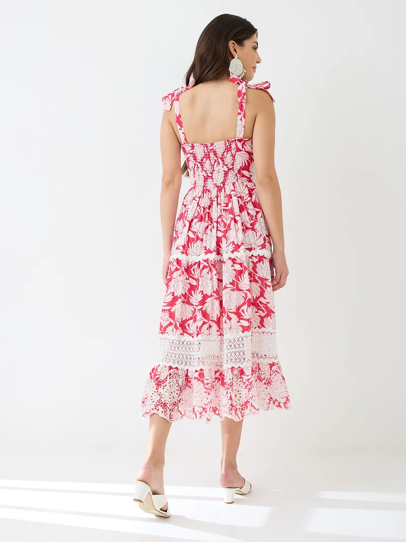 globus Women Red Square Neck Tie-Up Strappy Shoulder Floral Print Lace Inserts Tiered Schiffli Hem Fit & Flare Midi Dress