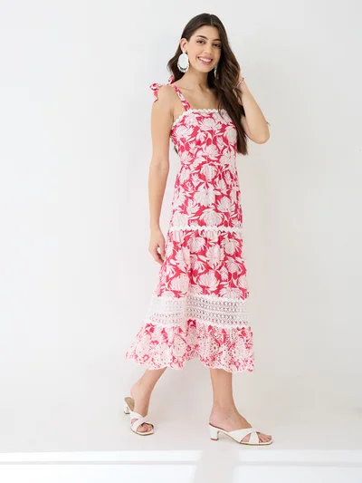 globus Women Red Square Neck Tie-Up Strappy Shoulder Floral Print Lace Inserts Tiered Schiffli Hem Fit & Flare Midi Dress