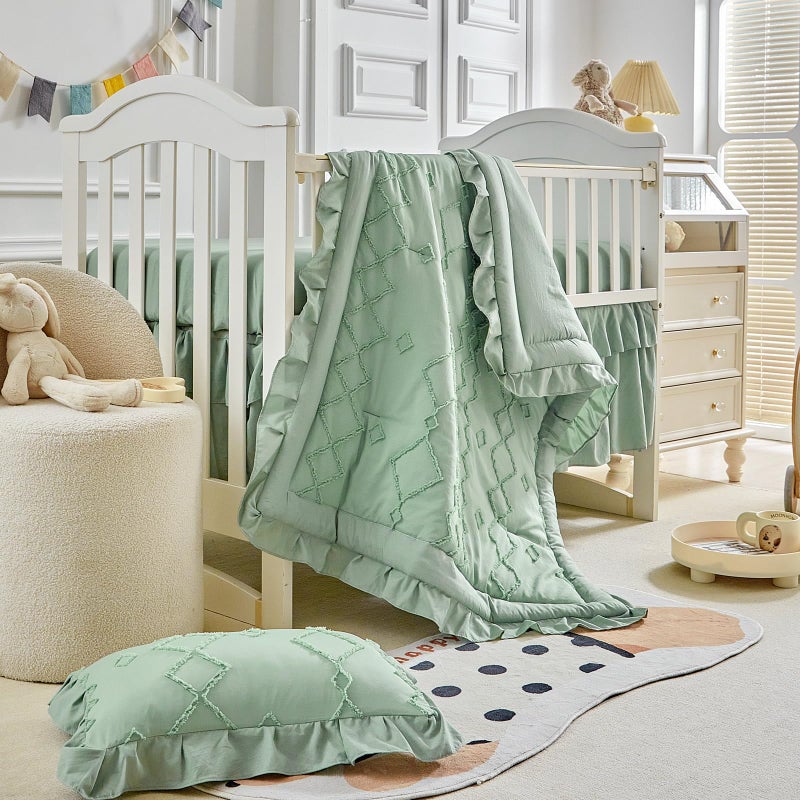 AIKASY The Ruffled Shabby Crib Bedding Set for Girls, Baby Quilted Comforter with Fitted Sheet, Bed Skirt, and Pillowcase. - Image 4