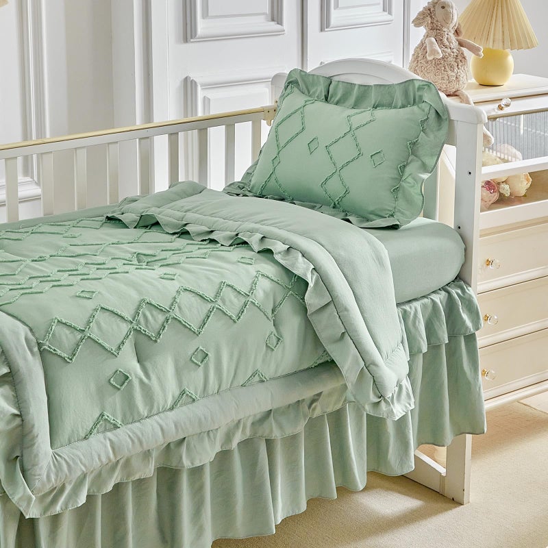 AIKASY The Ruffled Shabby Crib Bedding Set for Girls, Baby Quilted Comforter with Fitted Sheet, Bed Skirt, and Pillowcase. - Image 3
