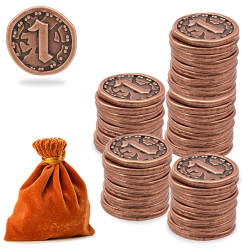 Prefdo Metal Coins for Board Games 50 PCS Treasure Tokens for Poker RPG Strategy Tabletop Gaming Fantasy Currency Heavy Duty Generic Game Currency Retro Rose Gold Value 1 Coins - Image 1