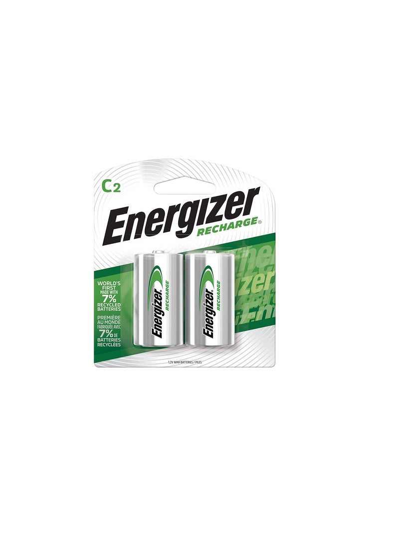 Energizer NH35BP-2 Precharged Recharg Battery, C, NiMh, PK2 Lighting, 2 Count (Pack of 1), Green and Silver - Image 1