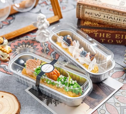 NPLUX 50 PACK Mini Cake Pans with Lids and Spoons Rectangular Aluminum Foil Bread Pan Mini Loaf Pans and Food Containers with LidsSilver 68oz - Image 3