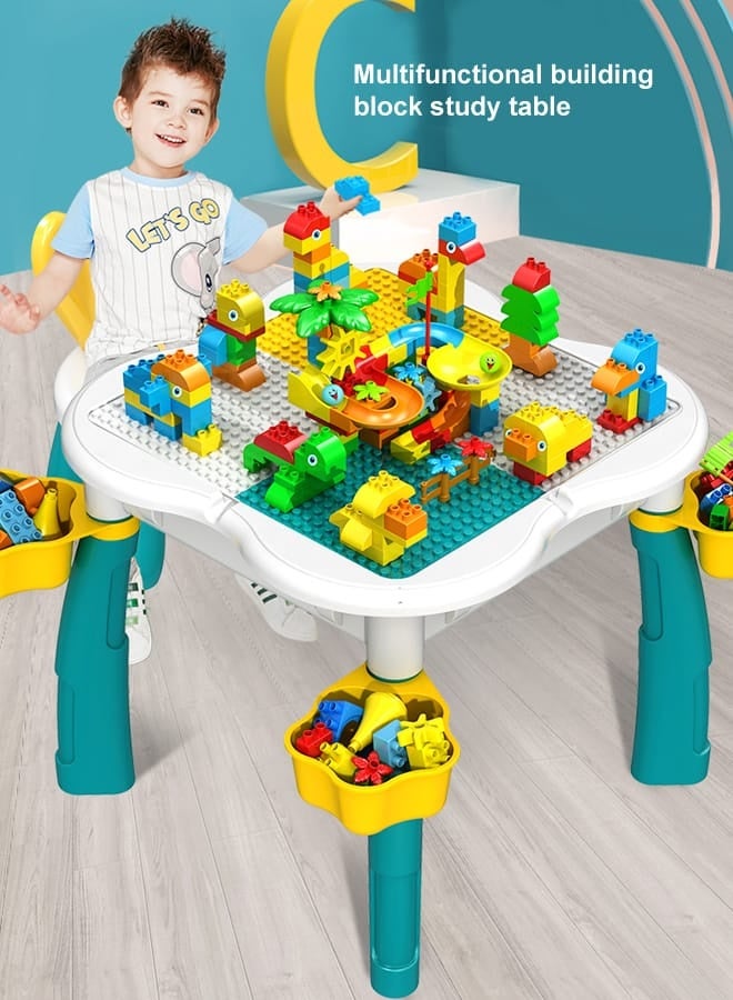 fashionhome Multifunction Game Table for Kids Educational Desk and Chairs Set with 150 Building Blocks Children's Learning Toys Set with 109 Sand Molds Birthday Gifts for Children 54x54x47 and 24x24x43 cm - Image 1