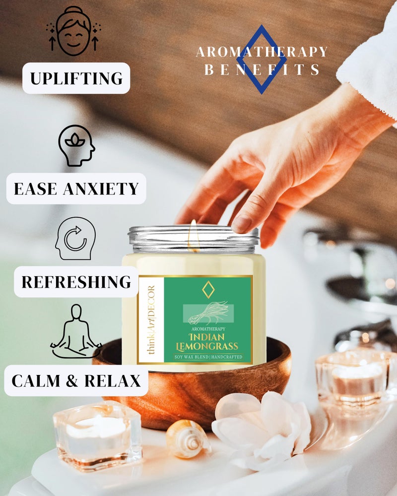ThinkArtDecor Soy Wax Scented Candles for Home Decoration, Burn Time 35-40 Hrs, Luxury Fragrance Candles for Gifting, Aesthetic Glass Jar Aroma Therapy Candle (Indian Lemongrass) - Image 2