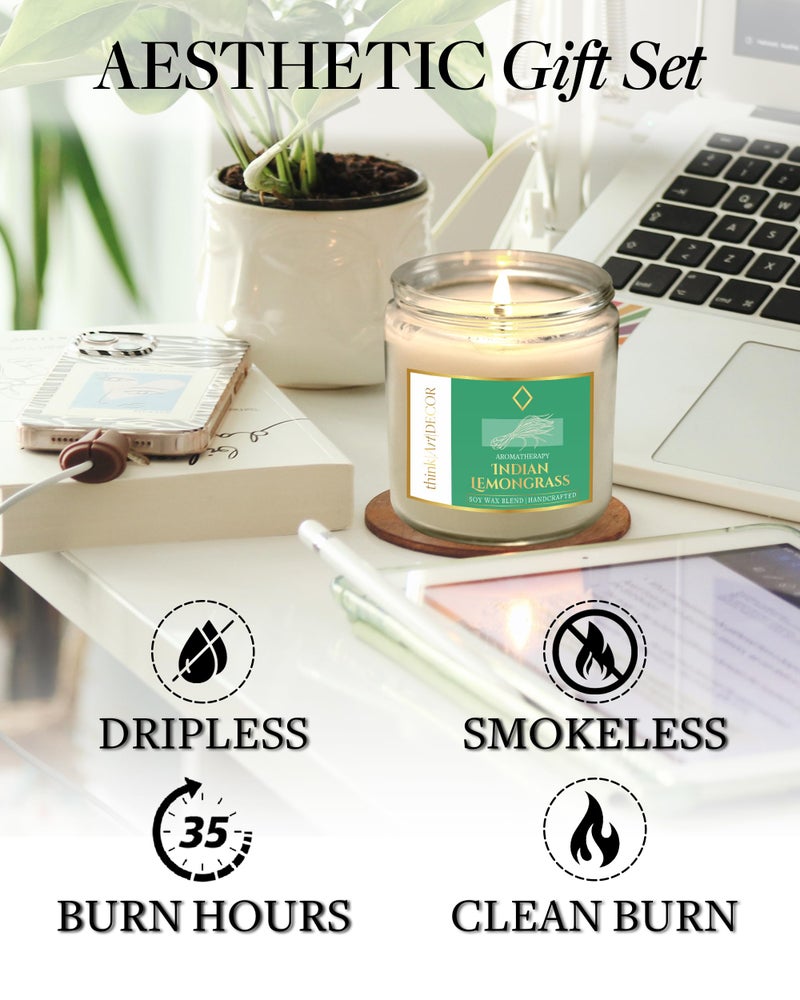 ThinkArtDecor Soy Wax Scented Candles for Home Decoration, Burn Time 35-40 Hrs, Luxury Fragrance Candles for Gifting, Aesthetic Glass Jar Aroma Therapy Candle (Indian Lemongrass) - Image 3