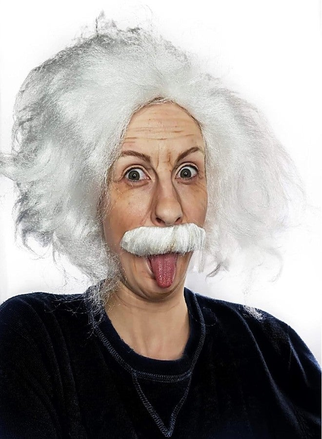 ALLAURA Inspired by Famous Physicist Wig – Old Man White Mad Scientist Wig & Mustache Set – Funny Physicist Costume for Adults, Halloween, Cosplay, Genius Look, Retro Science Outfit Party Accessory - Image 1