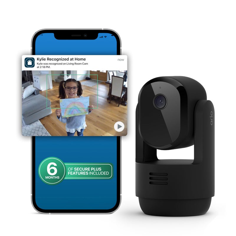 Arlo Essential Indoor Pan Tilt Security Camera 2K (2025 Release) + 6 Months of Secure Plus Plan - Wired Plug-in Power, Person Recognition, Animal Detection, Auto Motion Tracking, 1 Cam, Black - Image 1