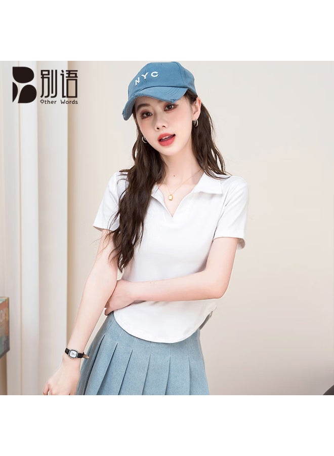 Unique Design Polo Collar Short Sleeve T-shirt For Women Summer New Style White M