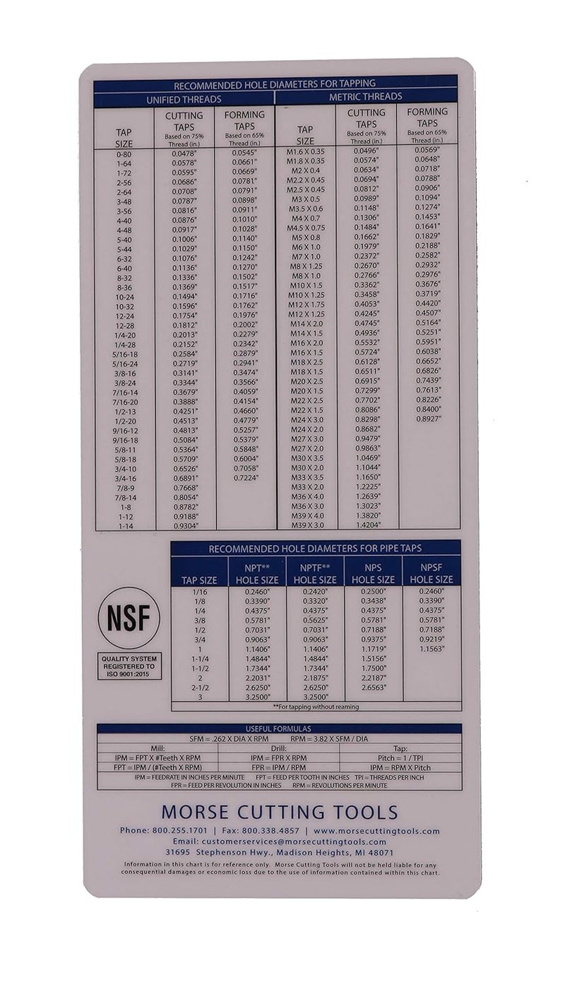 MORSE Plastic Pocket Chart (3-Pack) – Machinist Reference for Decimal Equivalents, Recommended Drill Sizes for Taps, and Useful Formulas - Image 3