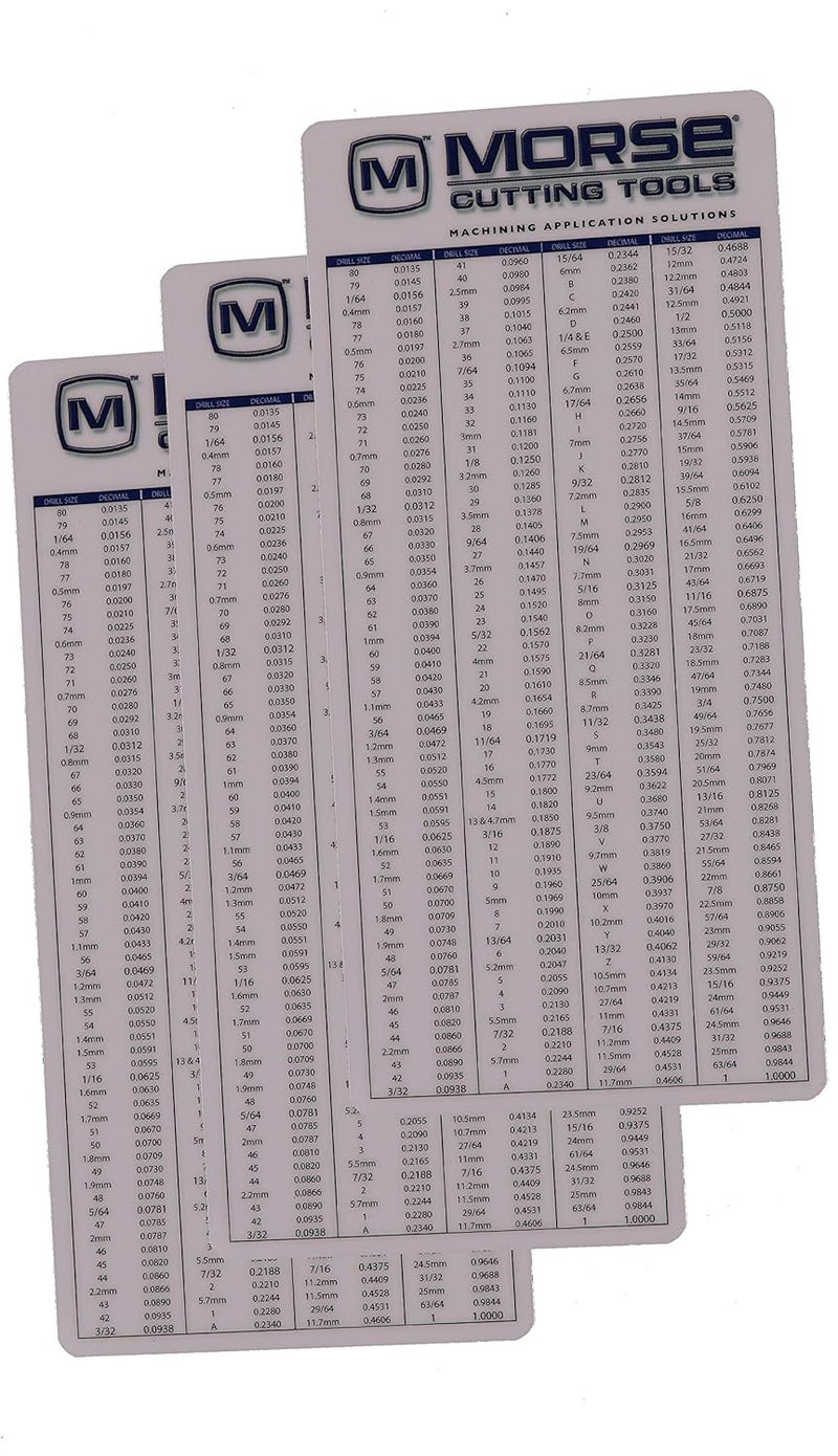 MORSE Plastic Pocket Chart (3-Pack) – Machinist Reference for Decimal Equivalents, Recommended Drill Sizes for Taps, and Useful Formulas - Image 1