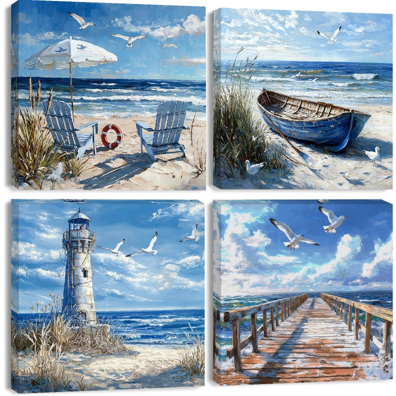 Clendo 4 Pack Beach Paint by Numbers Kit for Adults Beginners Framed - DIY Coast Adults Paint by Numbers Kits on Canvas, Small Easy Acrylic Oil Painting for Home Wall Decor (8 x 8 Inch) - Image 1