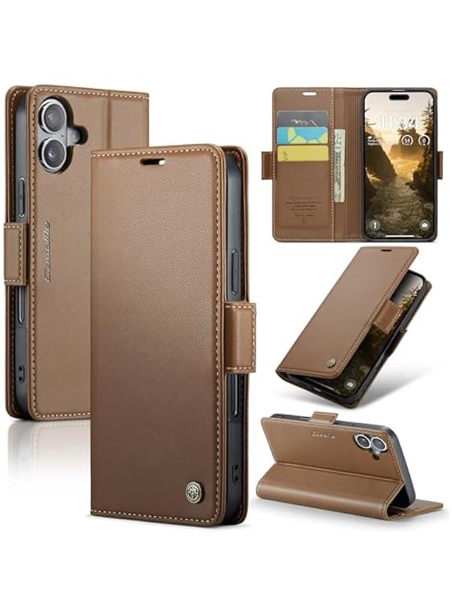Brown PU Leather RFID Blocking Wallet Case for iPhone 16 Plus with Credit Card Holder, Folio Flip Kickstand and Magnetic Clasp. Protective Phone Cover for Men and Women, 6.7 Inch. - Image 1