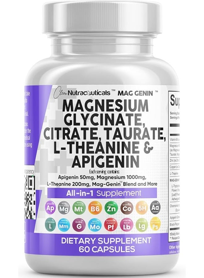 كلين نيوتراسيوتيكالز مركب غليسينات المغنيسيوم من كلين نوتراسيوتيكالز 1000 مجم مع ال-ثيانين 200 مجم ابيجينين 50 ملغ سيترات تورات - 5-HTP جابا باشن فلاور بلسم الليمون ل-جلايسين فوسفاتيديل سيرين - 60 قطعة - Image 1