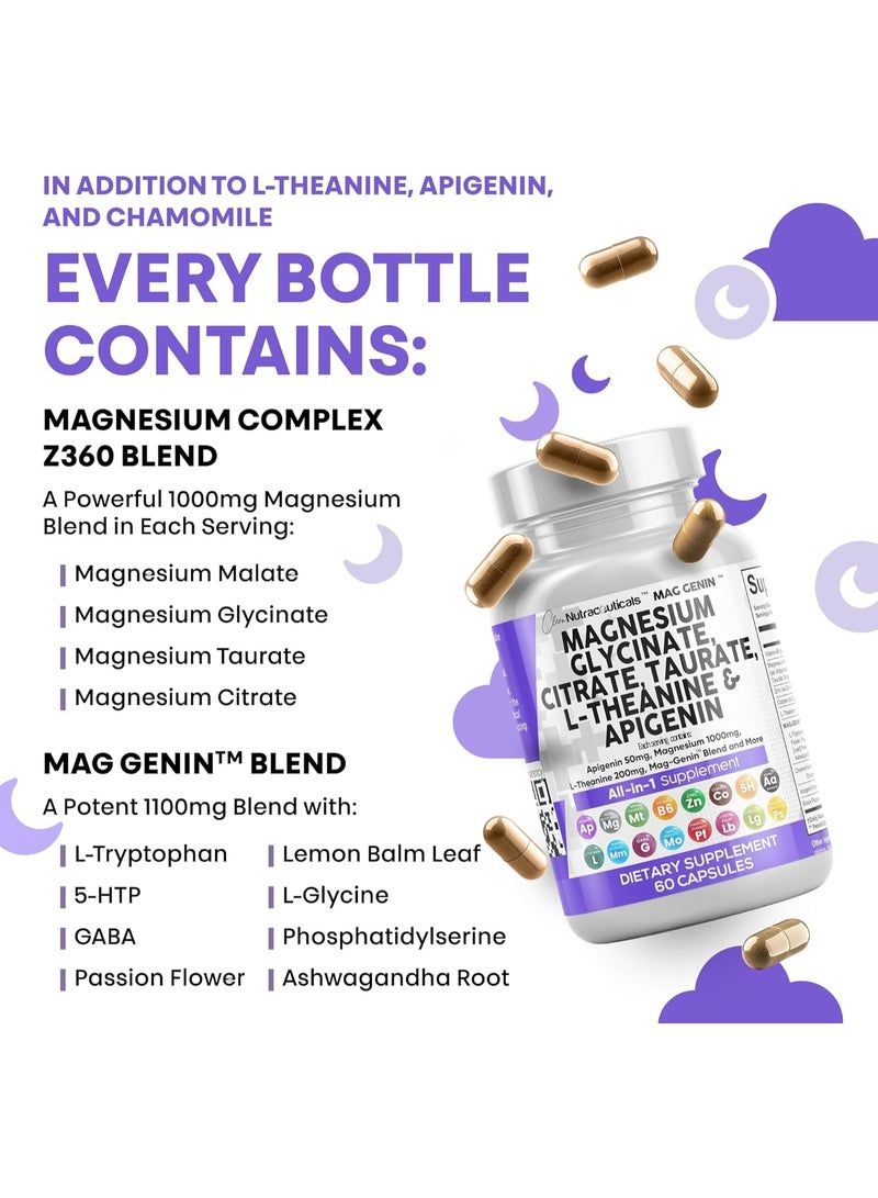 كلين نيوتراسيوتيكالز مركب غليسينات المغنيسيوم من كلين نوتراسيوتيكالز 1000 مجم مع ال-ثيانين 200 مجم ابيجينين 50 ملغ سيترات تورات - 5-HTP جابا باشن فلاور بلسم الليمون ل-جلايسين فوسفاتيديل سيرين - 60 قطعة - Image 3