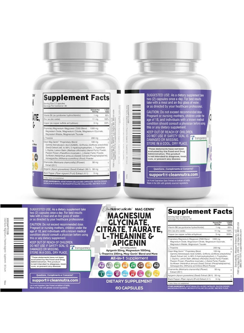 كلين نيوتراسيوتيكالز مركب غليسينات المغنيسيوم من كلين نوتراسيوتيكالز 1000 مجم مع ال-ثيانين 200 مجم ابيجينين 50 ملغ سيترات تورات - 5-HTP جابا باشن فلاور بلسم الليمون ل-جلايسين فوسفاتيديل سيرين - 60 قطعة - Image 2