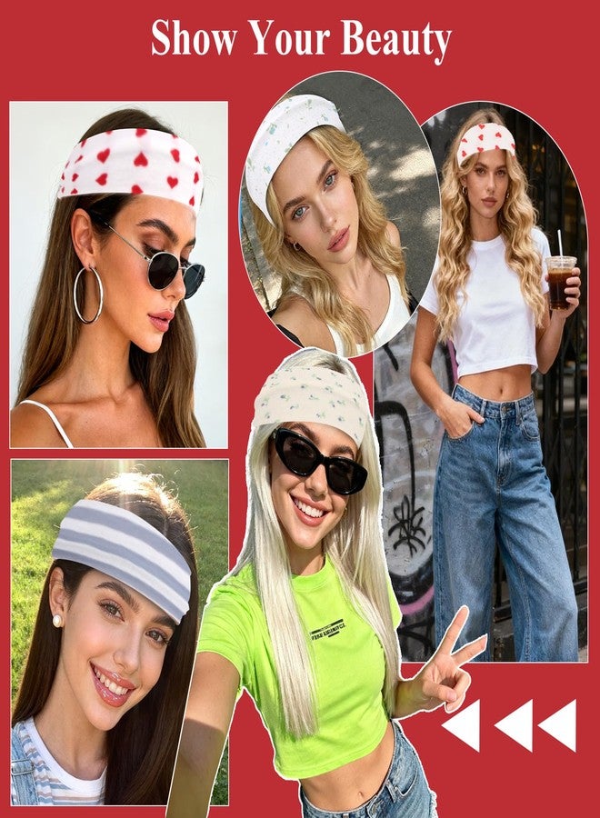 KIUEZIR 6 Pack Stretchy Wide Headbands for Women - Soft Fabric Cute Heart/Floral/Stripe Hair Bands for Face Washing Makeup Workout - Image 5
