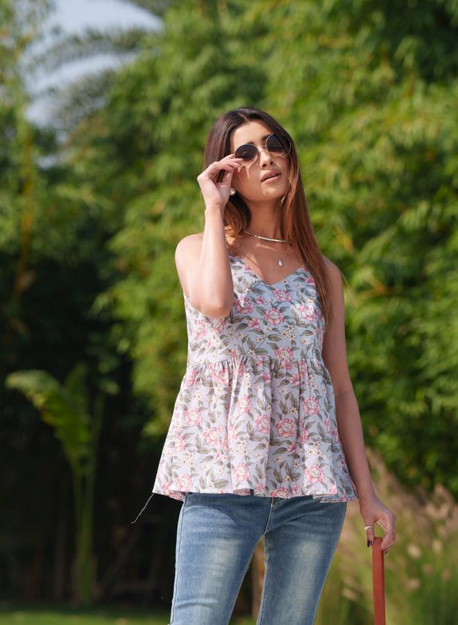 DW Floral Printed Pure Cotton Strappy Peplum Top - Image 2