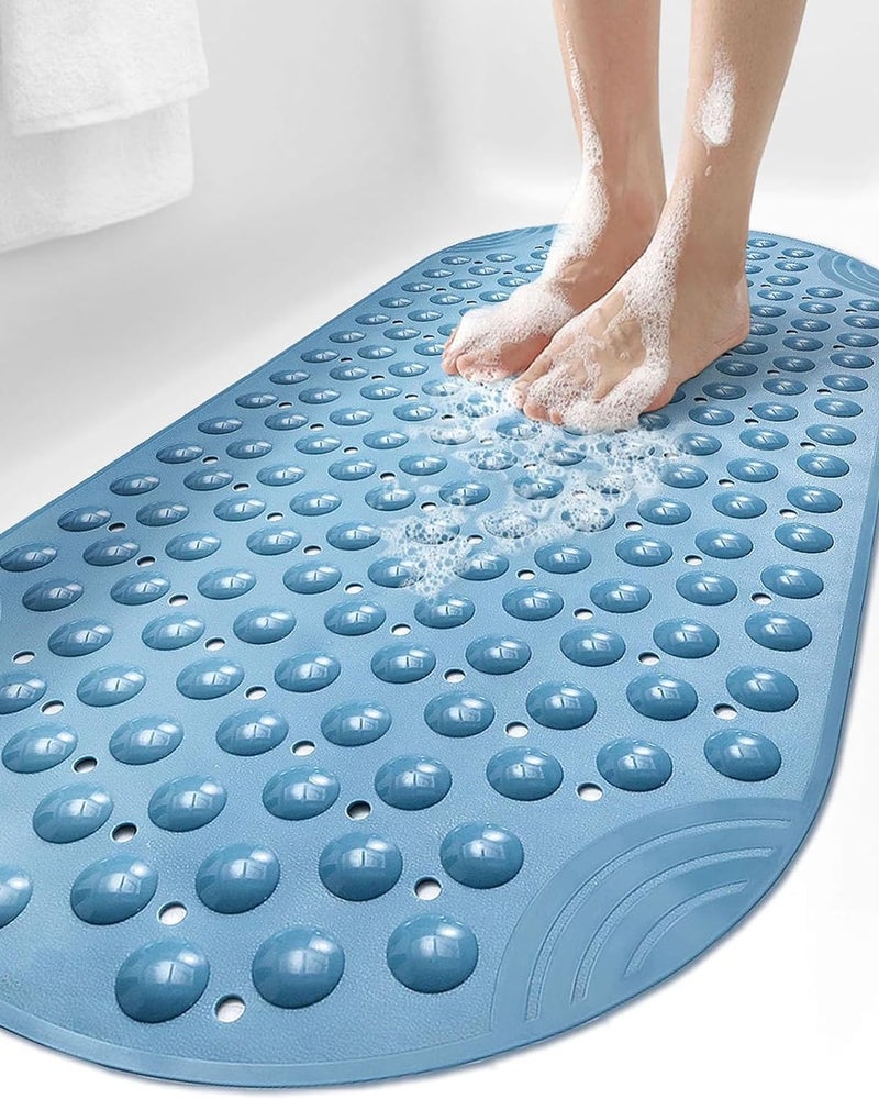 DEXI DEXI Bathtub Mat Non Slip 16x35 Shower Floor Mats for Bathroom Bath Tub Washable Oval Bathmat with Suction Cups and Drain Holes Blue
