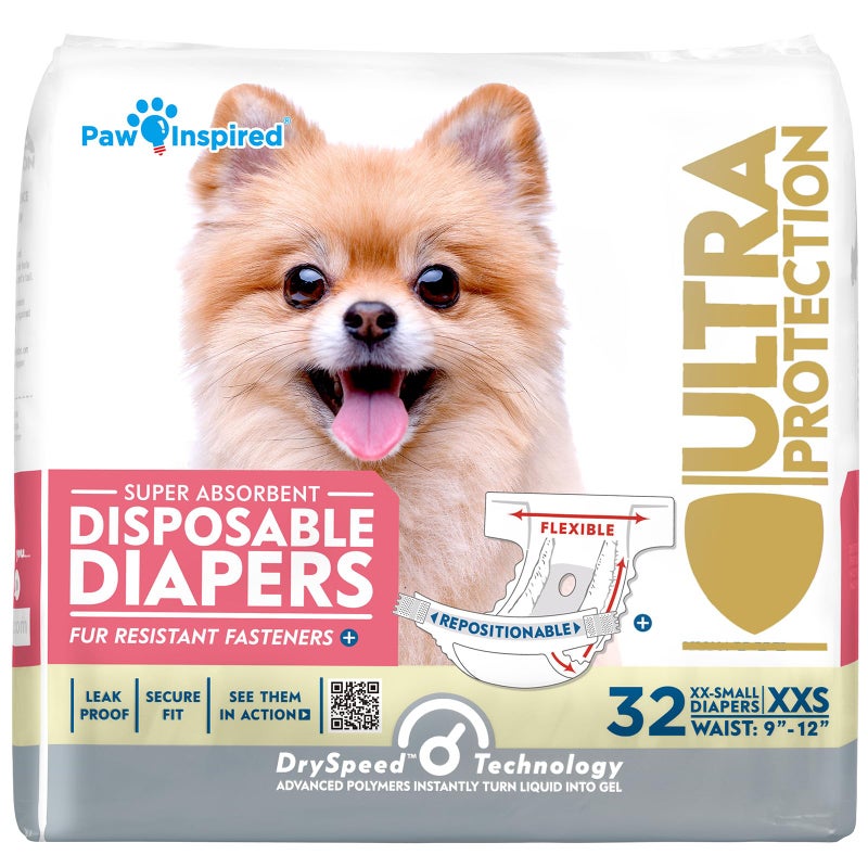 Paw Inspired Disposable Dog Diapers, Female Dog Diapers Ultra Protection, Diapers for Dogs in Heat, Excitable Urination, or Incontinence, XXS 32 Count - Image 1