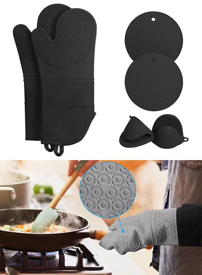 Relex Silicone Kitchen Oven Mitts, 6pcs BPA Free Non-Slip Black Oven Mittens, Long Flexible Thick Gloves, Heat Resistant Pot Holders and Oven Mitts, Suitable for Cooking Baking Kitchen Mitten  - Image 1