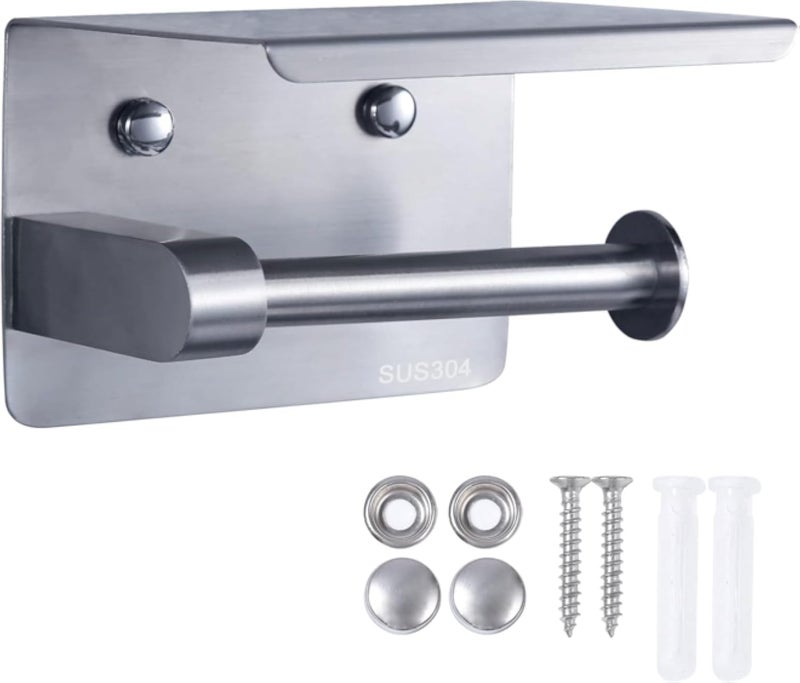 حامل ورق تواليت مع رف للهاتف المحمول، حامل مناديل معدني مثبت على الحائط، تصميم عصري (فضي)