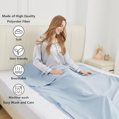 RHINSBENF Sleeping Bag Liner Camping Adult Sleep Sack Lightweight Travel Sheet for Hotel Bed Compact Ultralight Essential Cleaning Supplies Kit Travel Bedding Set for Backpacking (Blue & Single) - Image 3