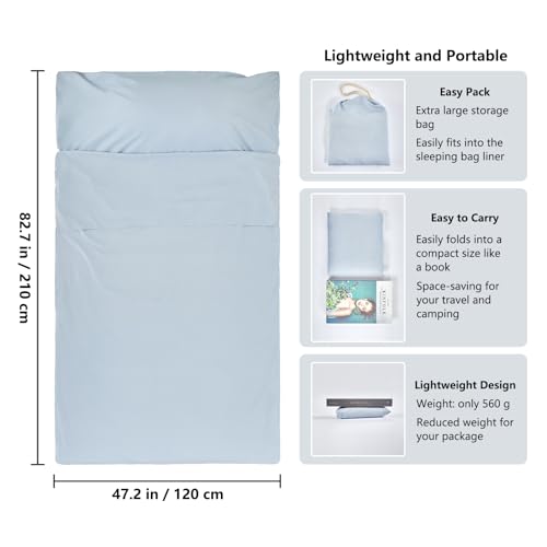 RHINSBENF Sleeping Bag Liner Camping Adult Sleep Sack Lightweight Travel Sheet for Hotel Bed Compact Ultralight Essential Cleaning Supplies Kit Travel Bedding Set for Backpacking (Blue & Single) - Image 2
