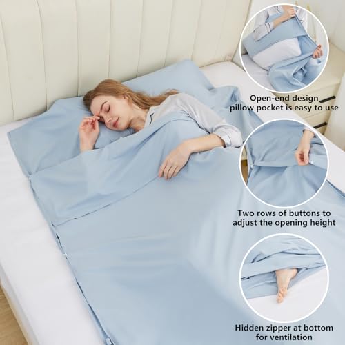 RHINSBENF Sleeping Bag Liner Camping Adult Sleep Sack Lightweight Travel Sheet for Hotel Bed Compact Ultralight Essential Cleaning Supplies Kit Travel Bedding Set for Backpacking (Blue & Single) - Image 4
