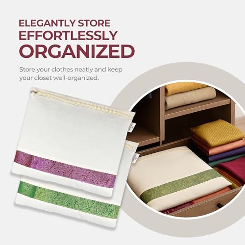 Linensutra Cotton Saree Covers/Bags for Storage with Zip Closure|Transparent Mesh Window Single Big Size (16 X 14.5 inches)| Beige (Pack of 6) - Image 5