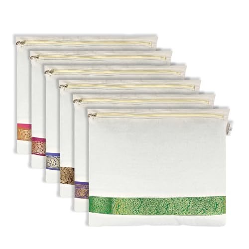 Linensutra Cotton Saree Covers/Bags for Storage with Zip Closure|Transparent Mesh Window Single Big Size (16 X 14.5 inches)| Beige (Pack of 6) - Image 1