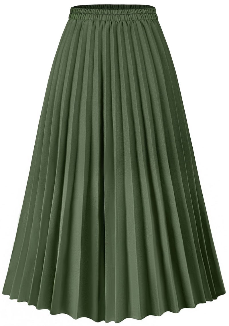 Basoteeuo Green Pleated Skirt for Women Midi Length Summer High Waisted A Line Elastic Waist Skirts M - Image 1