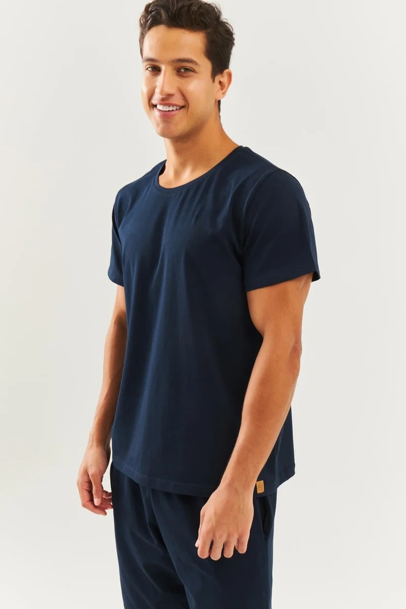 Butikgiz Lacivert Oversize RahatPamuklu Penye Bisiklet Yaka Kısa Kol Basic T-Shirt Classic Collection
