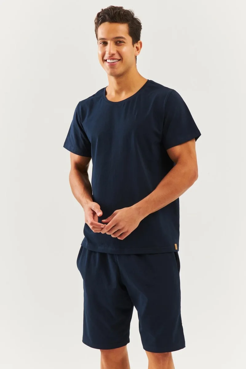 Butikgiz Lacivert Oversize RahatPamuklu Penye Bisiklet Yaka Kısa Kol Basic T-Shirt Classic Collection