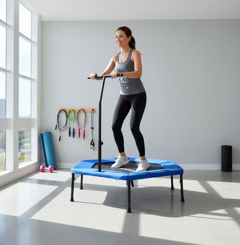 Axox Fitness 50-Inch Hexagonal Fitness Trampoline with Safety Handle, Heavy Duty Rebounder for Adults, Indoor Cardio Exercise Trampoline, Home Gym Mini Trampoline for HIIT, Balance & Core Training, 120 kg Capacity - Image 5