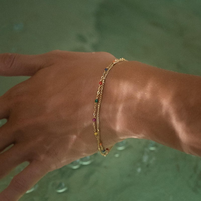 Made by Nami Dainty Gold Link Bracelets for Women Adjustable Double Layered Gold Chain Bracelet with Colorful Beads 7.5" + 2" Chain Extension (Colorful) - Image 2