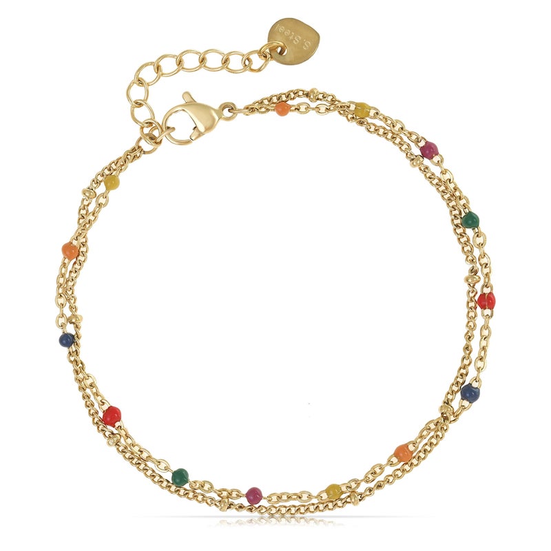 Made by Nami Dainty Gold Link Bracelets for Women Adjustable Double Layered Gold Chain Bracelet with Colorful Beads 7.5" + 2" Chain Extension (Colorful) - Image 1