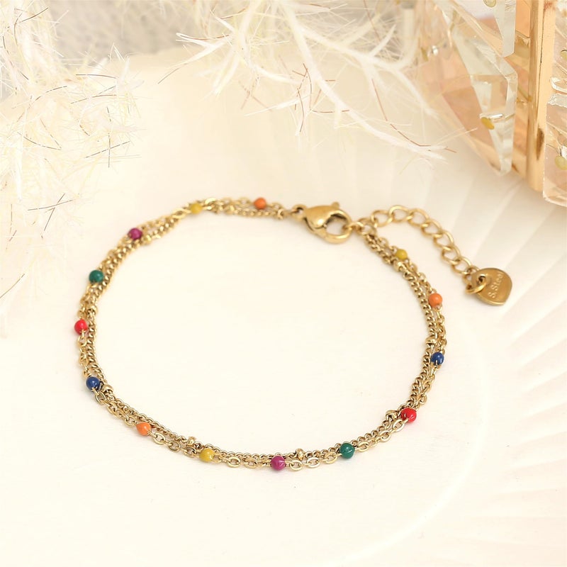 Made by Nami Dainty Gold Link Bracelets for Women Adjustable Double Layered Gold Chain Bracelet with Colorful Beads 7.5" + 2" Chain Extension (Colorful) - Image 5