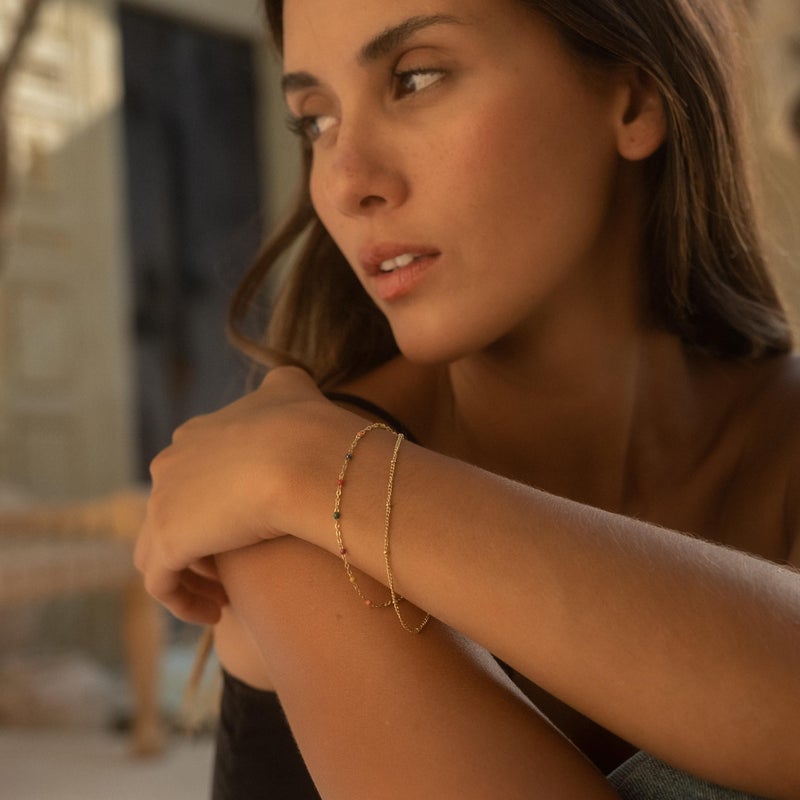 Made by Nami Dainty Gold Link Bracelets for Women Adjustable Double Layered Gold Chain Bracelet with Colorful Beads 7.5" + 2" Chain Extension (Colorful) - Image 3