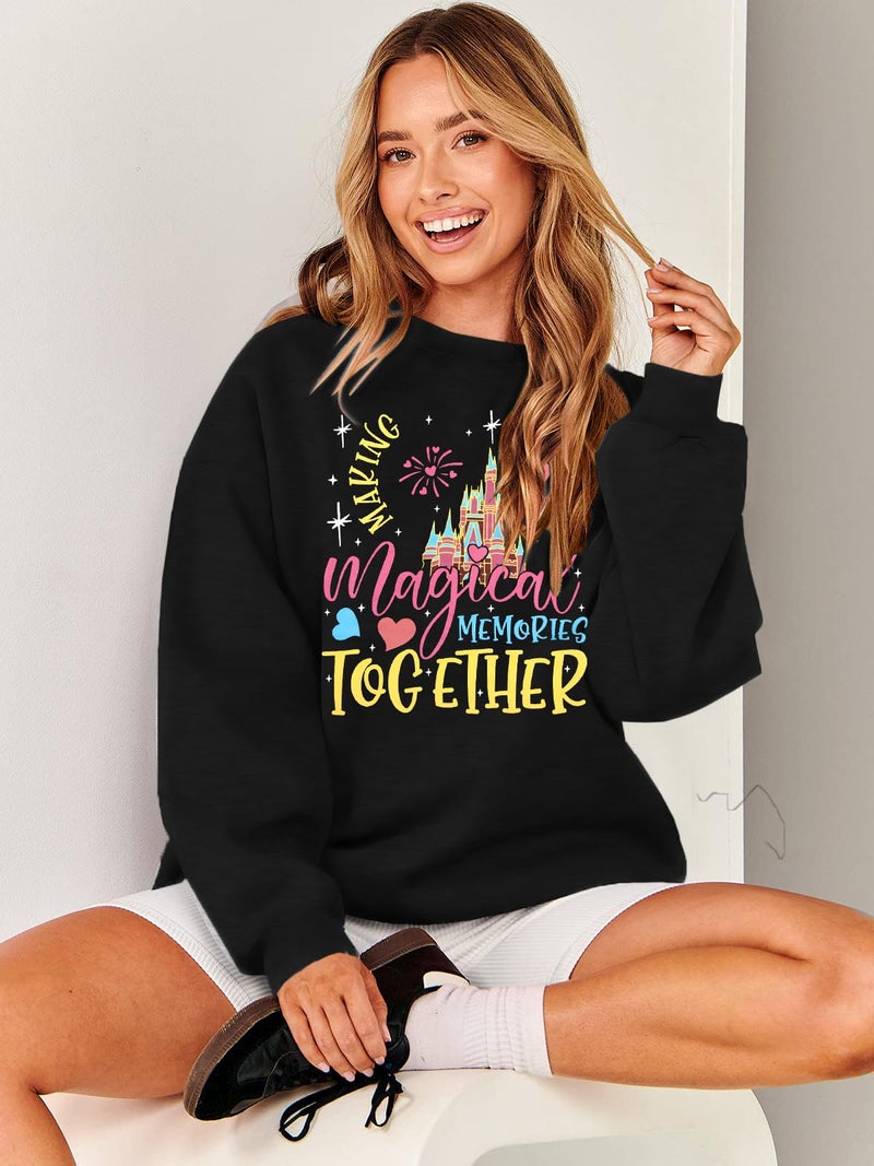 MYHALF Oversized Magic Kingdom Sweatshirts Women: Magical Castle Graphic Shirts Funny Letter Print Long Sleeve Crewneck Tops Black C - Image 5