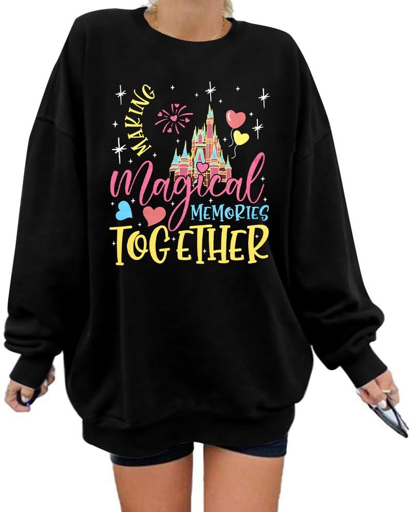MYHALF Oversized Magic Kingdom Sweatshirts Women: Magical Castle Graphic Shirts Funny Letter Print Long Sleeve Crewneck Tops Black C - Image 2