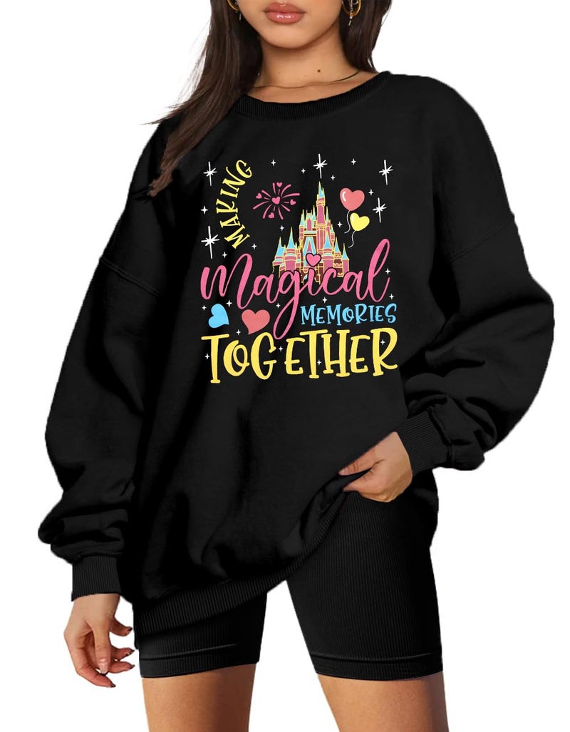 MYHALF Oversized Magic Kingdom Sweatshirts Women: Magical Castle Graphic Shirts Funny Letter Print Long Sleeve Crewneck Tops Black C - Image 1